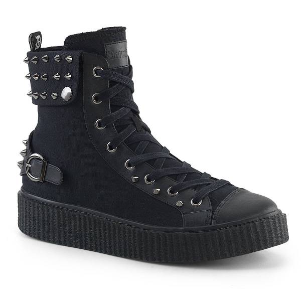 Demonia Sneeker-266 Black Canvas/Vegan Leather Schuhe Damen D162-930 Gothic Hohe Sneakers Schwarz Deutschland SALE